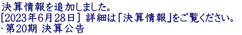 決算情報を追加しました。  [2023年6月28日] 詳細は「決算情報｣をご覧ください。  ・第20期 決算公告